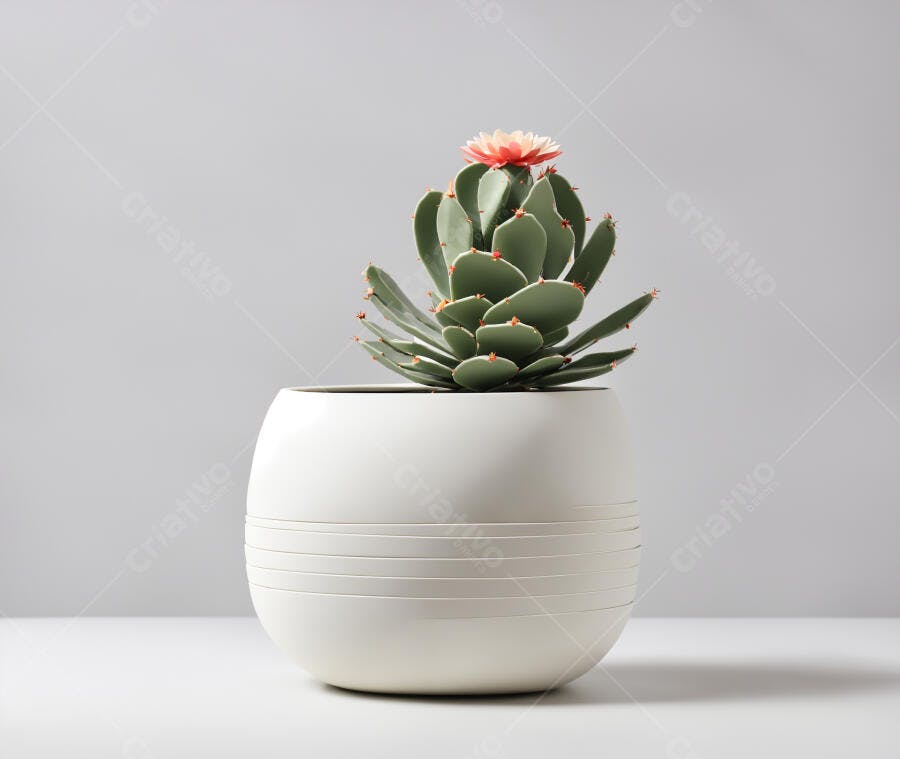 Suculenta florescendo em vaso branco minimalista com fundo cinza claro