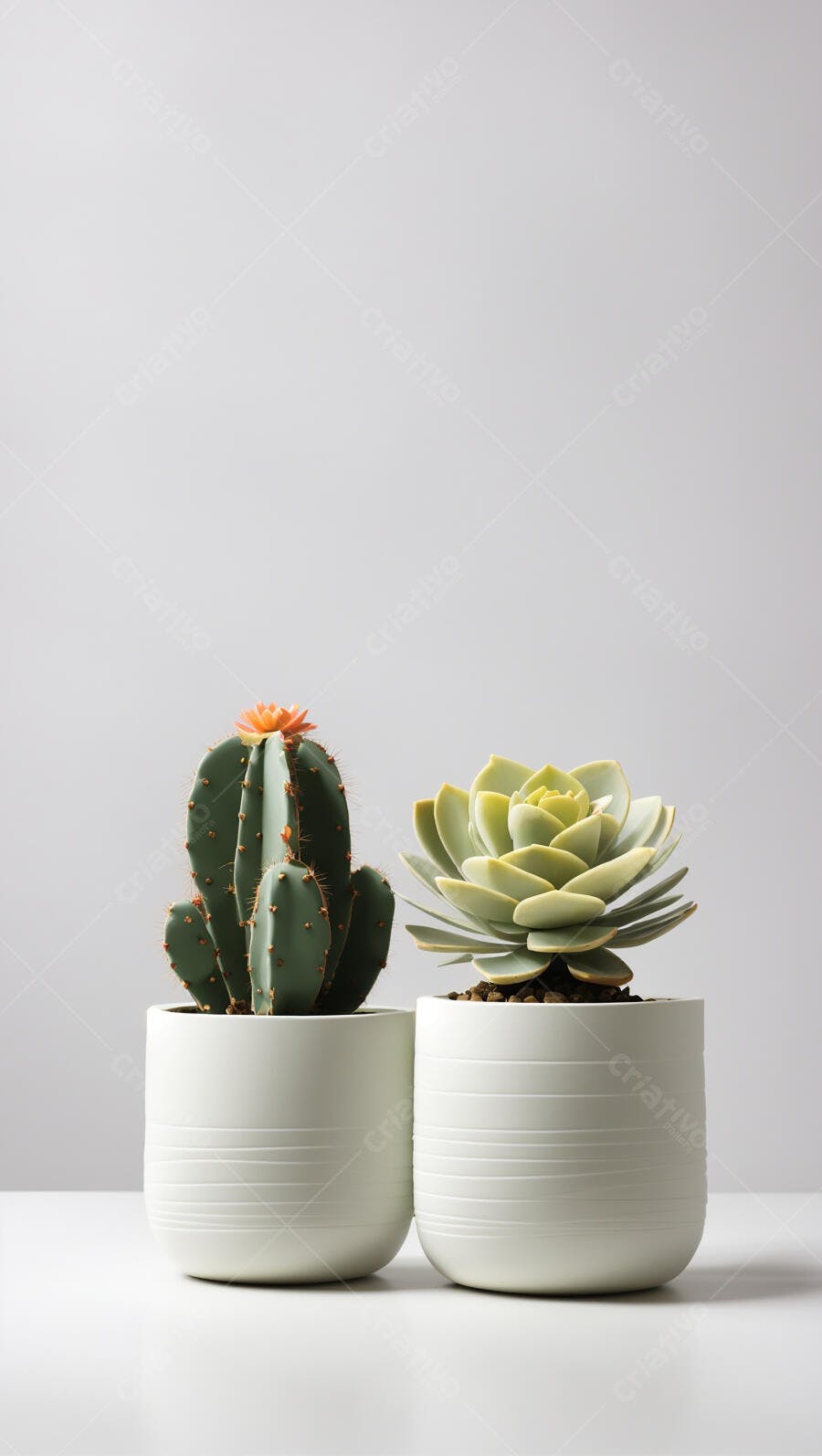 Cacto verde com flor laranja e suculenta em vasos brancos minimalistas fundo claro