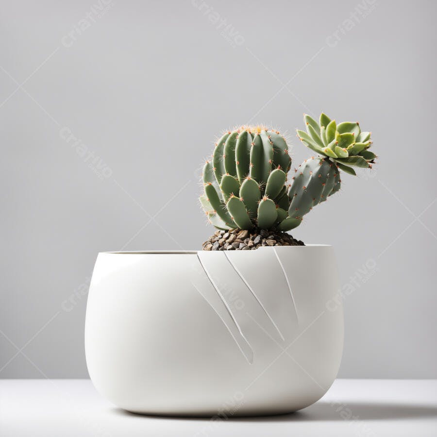 Cactos e suculentas verdes em vaso branco minimalista sobre fundo cinza claro