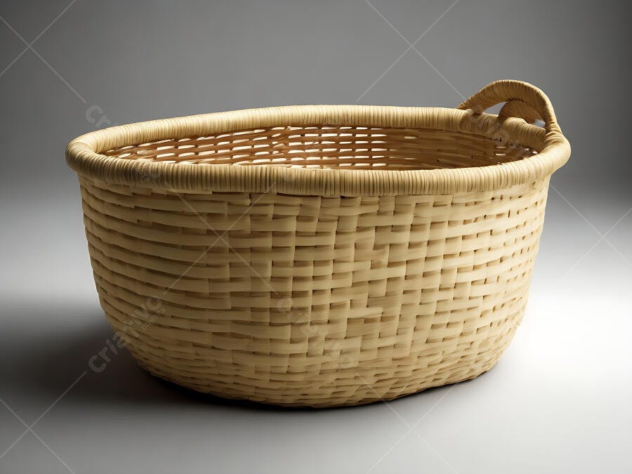 Cesta de vime vazia bege clara com alças em fundo cinza