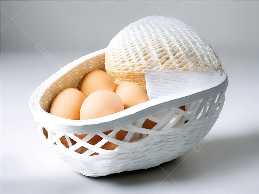 Ovos frescos marrons em cesta de vime branca minimalista
