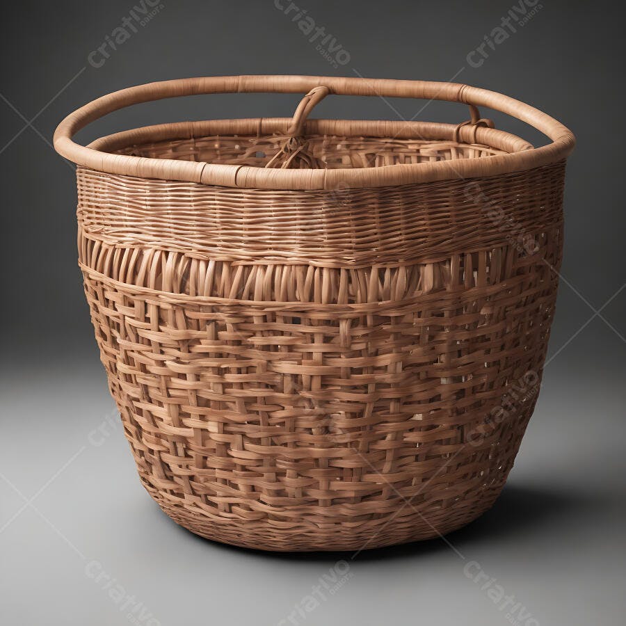 Cesto de vime artesanal vazio em estúdio com fundo cinza
