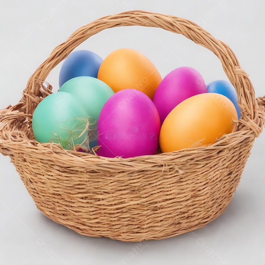 Ovos de Páscoa coloridos em cesta de vime sobre fundo branco de estúdio