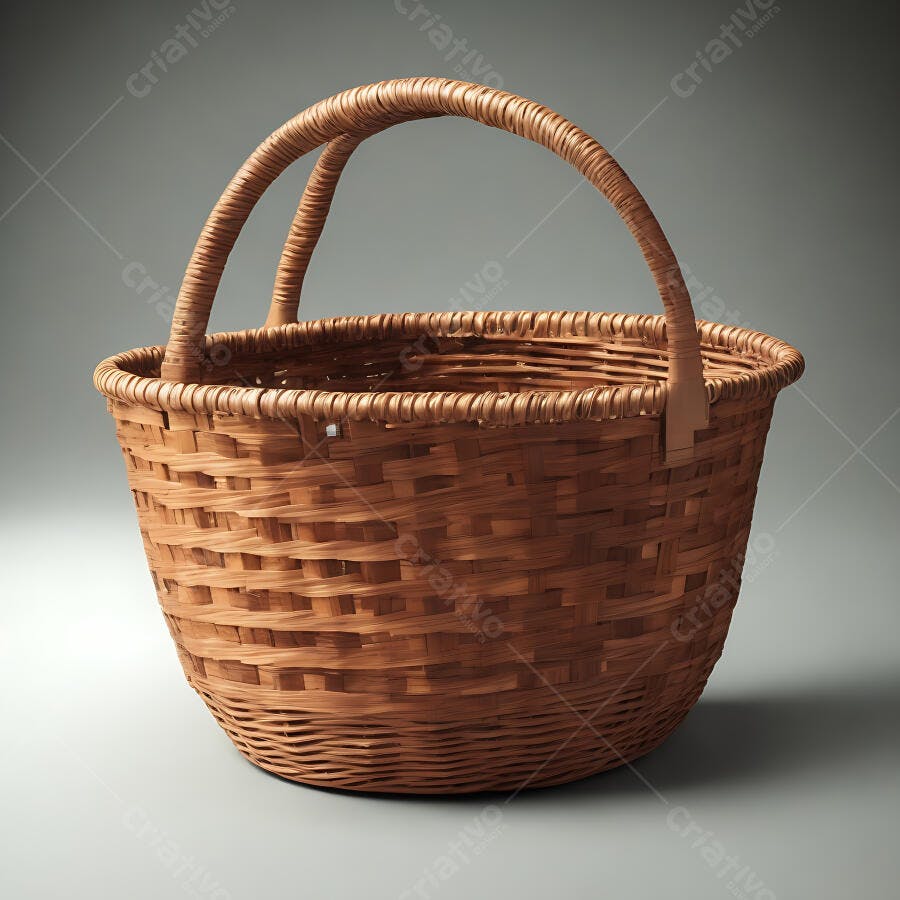 Cesta de vime marrom vazia com alças para piquenique ou decoração artesanal