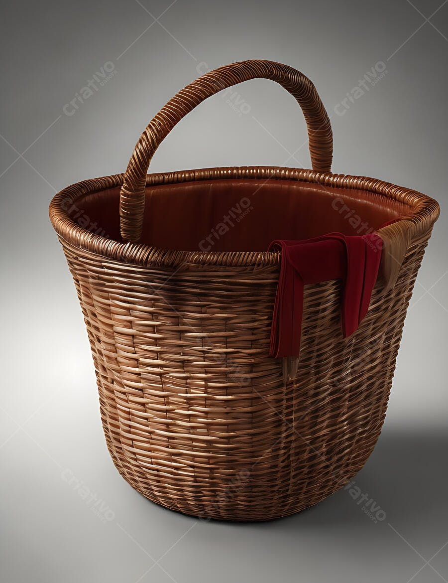 Cesta de vime marrom com forro bege e pano vermelho em fundo cinza