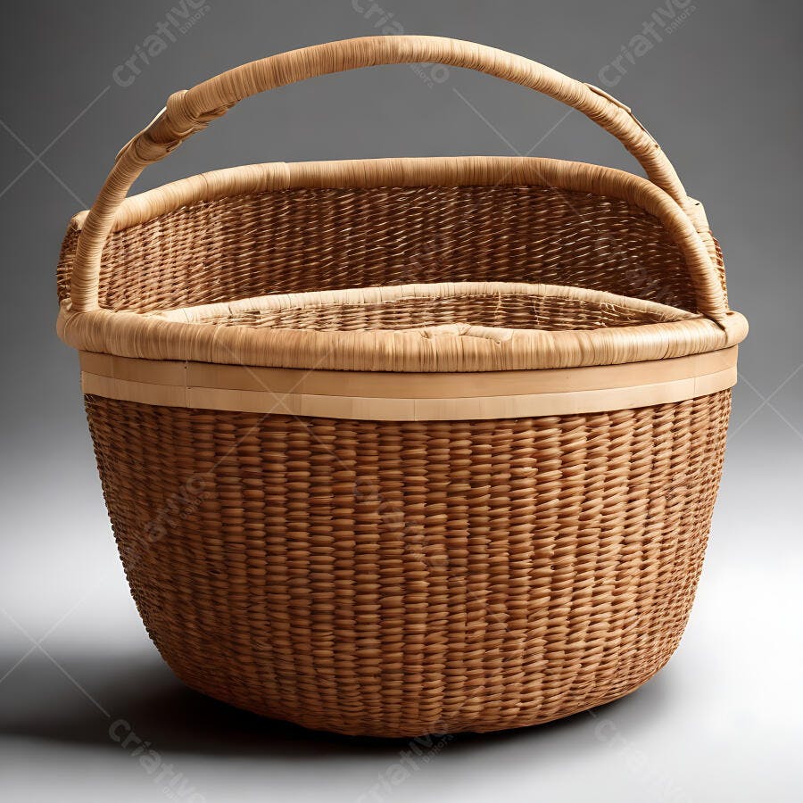 Cesta de vime marrom clara artesanal isolada em fundo cinza para compras ou decoração