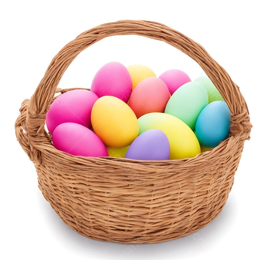 Cesta de Páscoa com ovos coloridos em fundo branco festivo