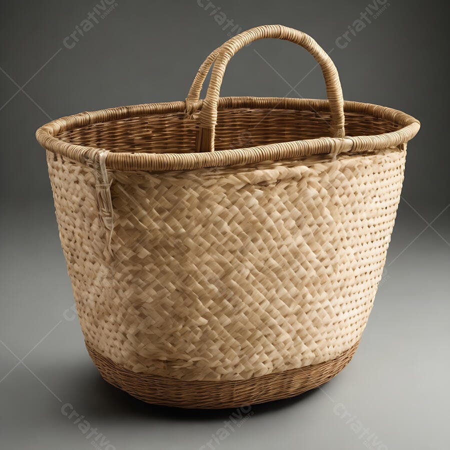 Cesta de palha artesanal com alças e base marrom em estúdio