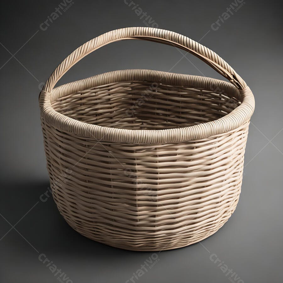 Cesta de vime vazia bege com alça em fundo cinza escuro