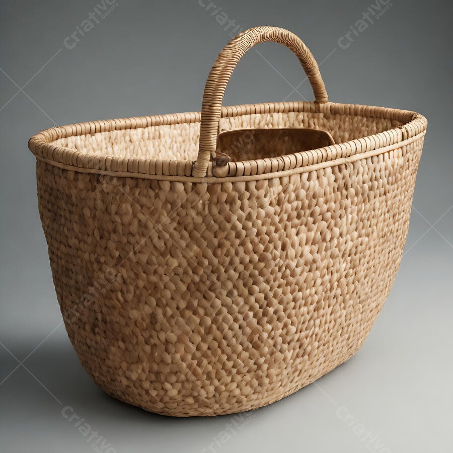 Cesta de vime natural artesanal vazia com alça em fundo cinza neutro