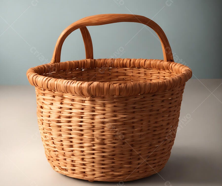 Cesta de vime artesanal vazia com alça em fundo azul claro e cinza