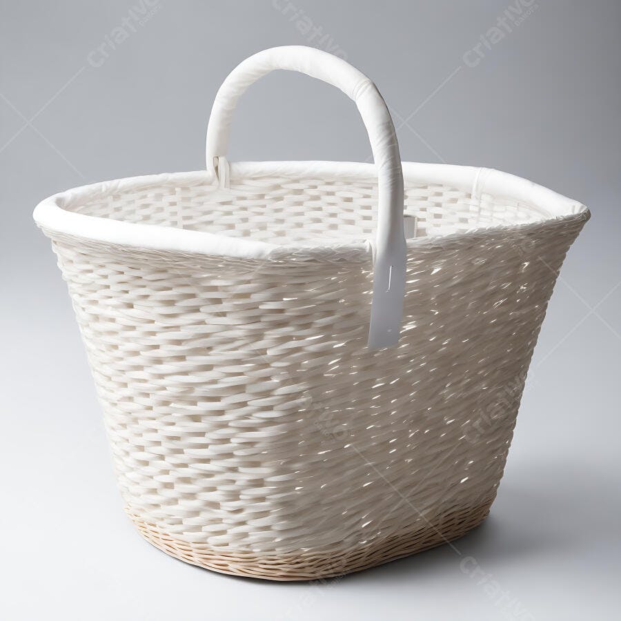 Cesta de vime branca com alça em estúdio minimalista