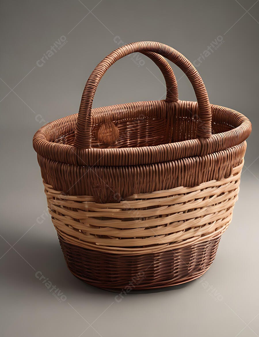 Cesto de vime marrom e bege com alças em estúdio cinza