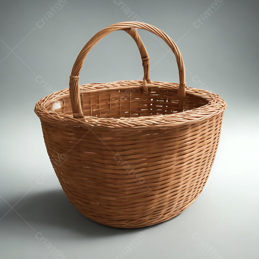Cesta de vime natural vazia com alças e fundo cinza claro