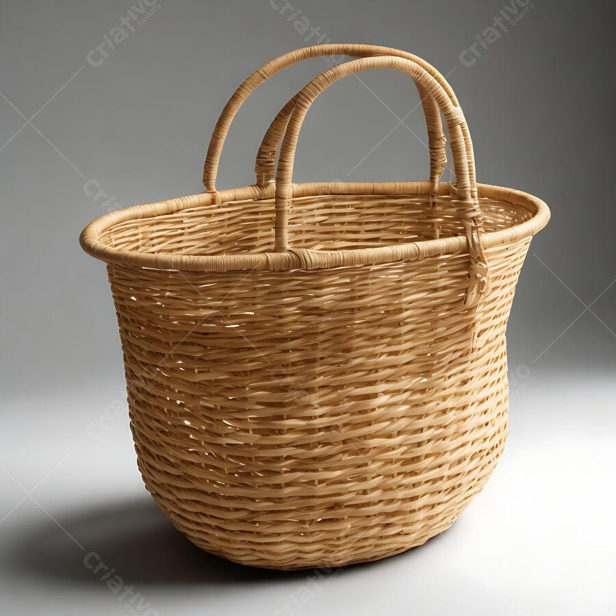 Cesta de vime artesanal vazia em estúdio com alças