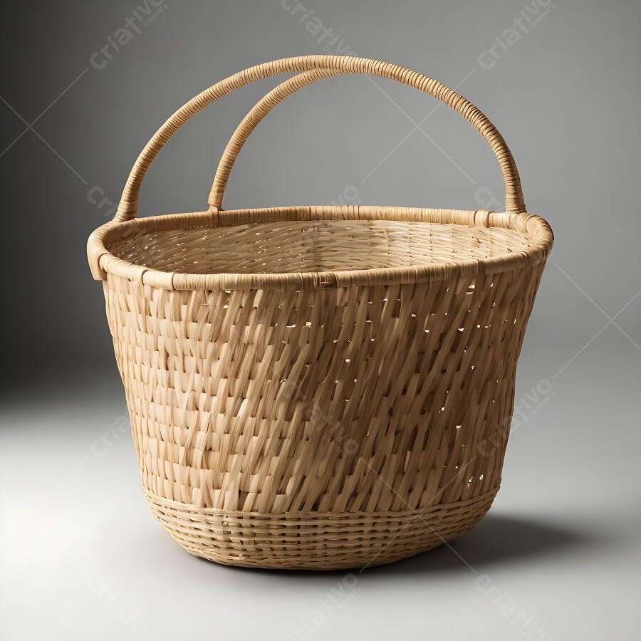Cesta de vime vazia com alças em estúdio fundo cinza claro