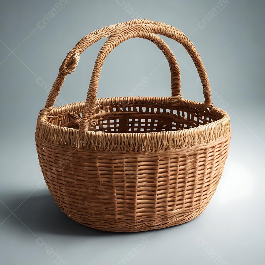 Cesta de vime vazia marrom claro com alças em fundo liso cinza