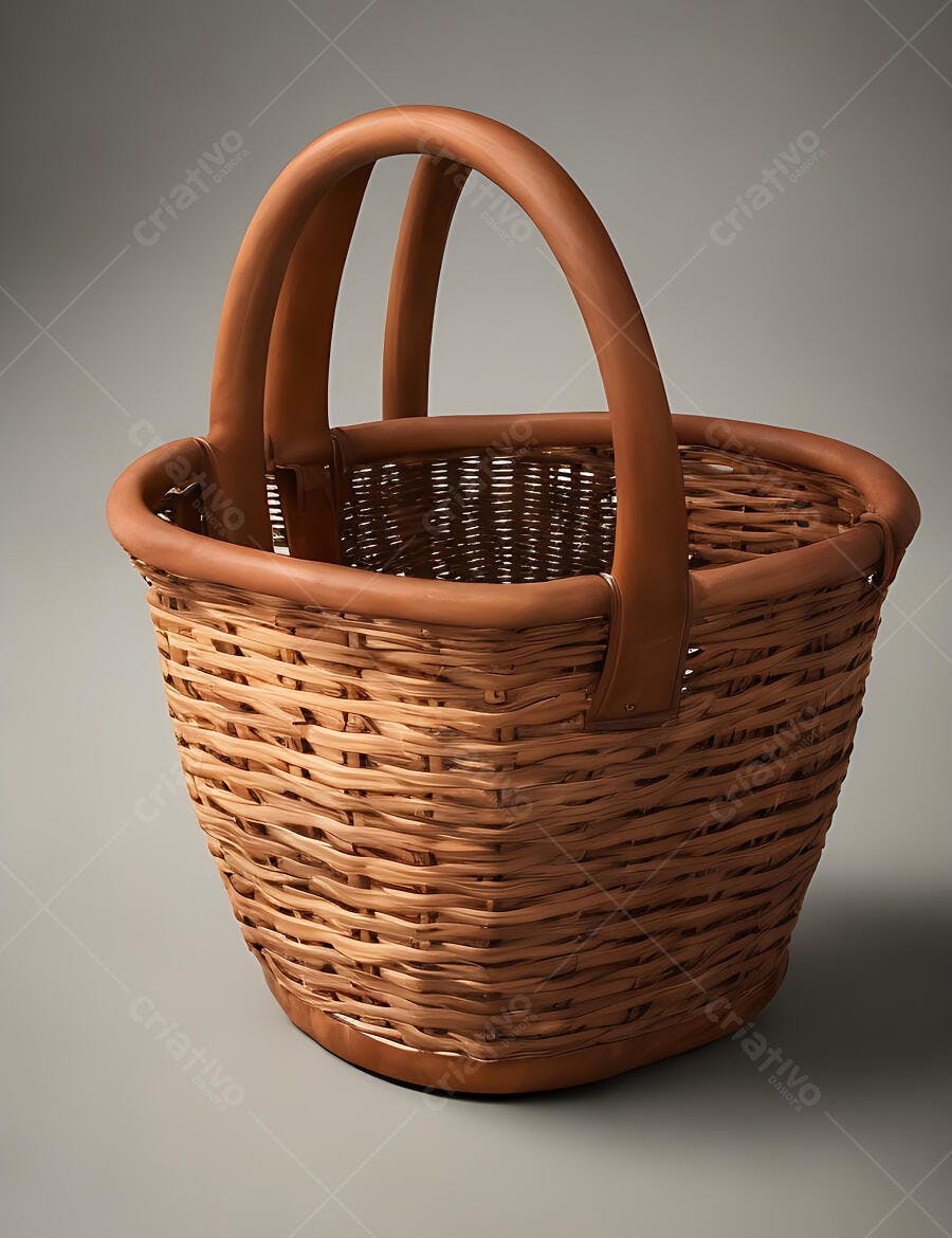 Cesta de vime marrom com alças de couro em fundo cinza claro