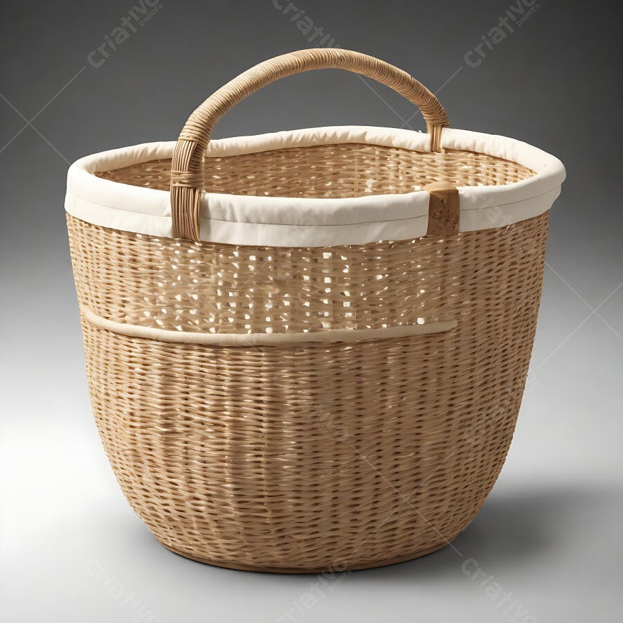 Cesta de vime artesanal com forro branco e alça em fundo cinza