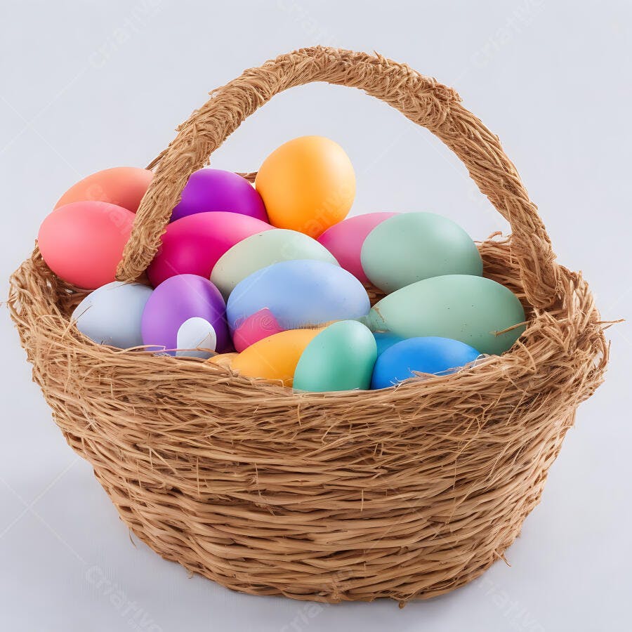 Cesta de Páscoa com ovos coloridos vibrantes em fundo branco