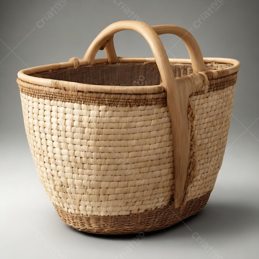 Cesta de vime artesanal com alças de madeira em fundo neutro