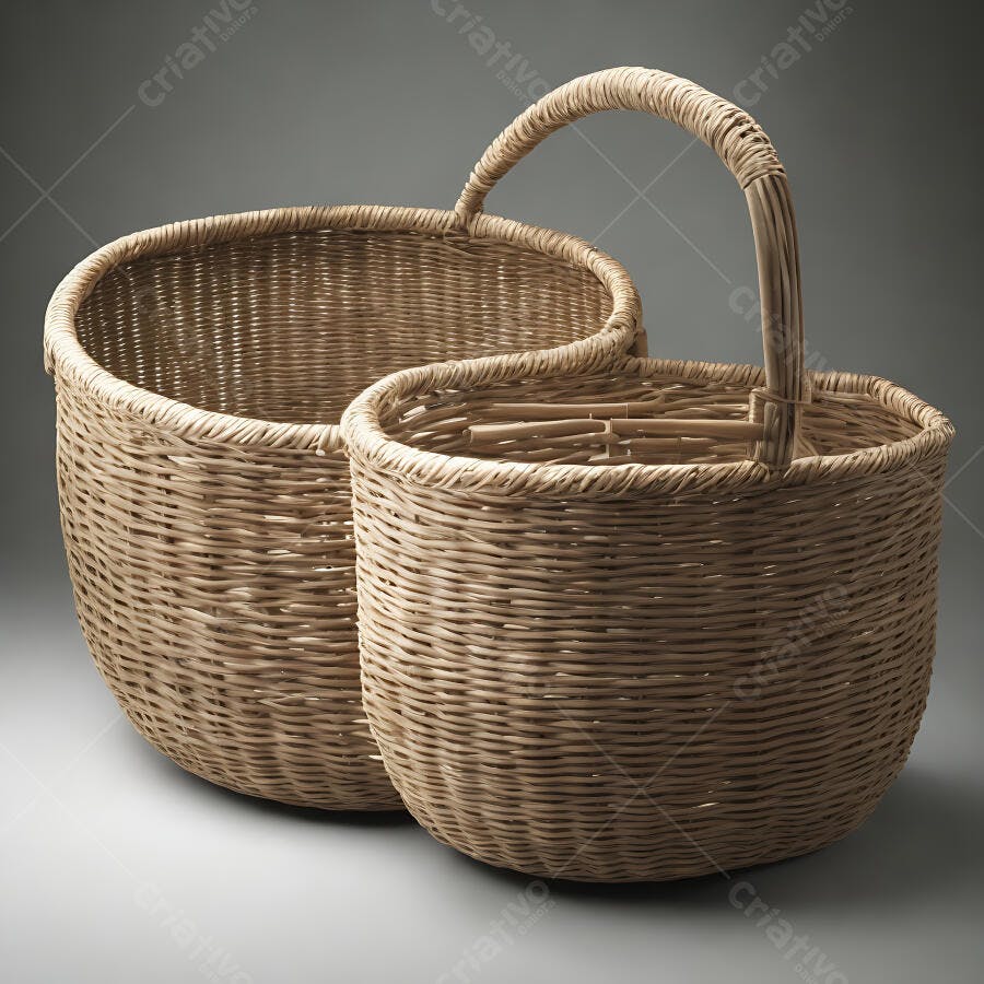 Duas cestas de vime artesanais em tons naturais com fundo cinza