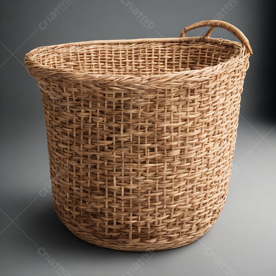Cesto de vime redondo com alça em fundo neutro cinza