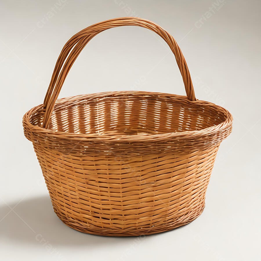 Cesto de vime natural vazio com alça em fundo claro