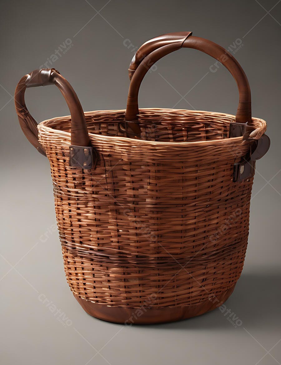 Cesta de vime marrom com alças de couro em fundo cinza