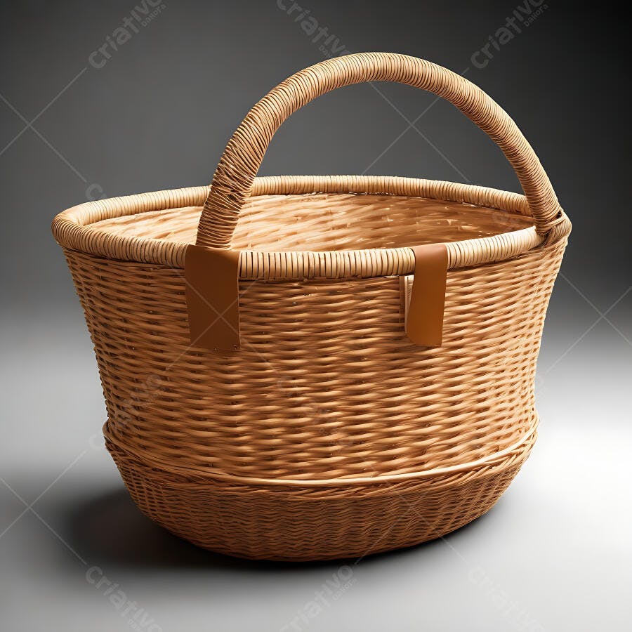 Cesta de vime artesanal vazia com alça em estúdio