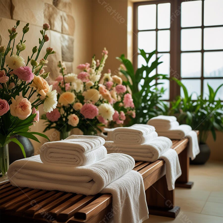 Toalhas brancas macias e flores em spa de luxo com luz natural