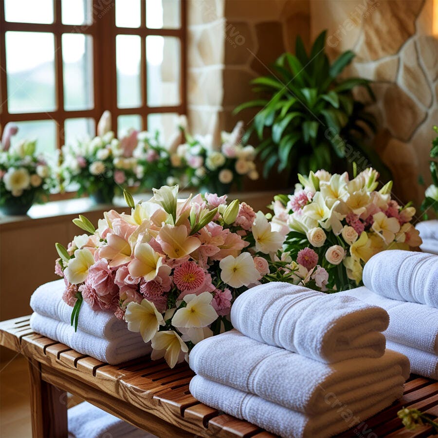 Buquês rosa e creme de lírios e rosas com toalhas brancas em spa resort