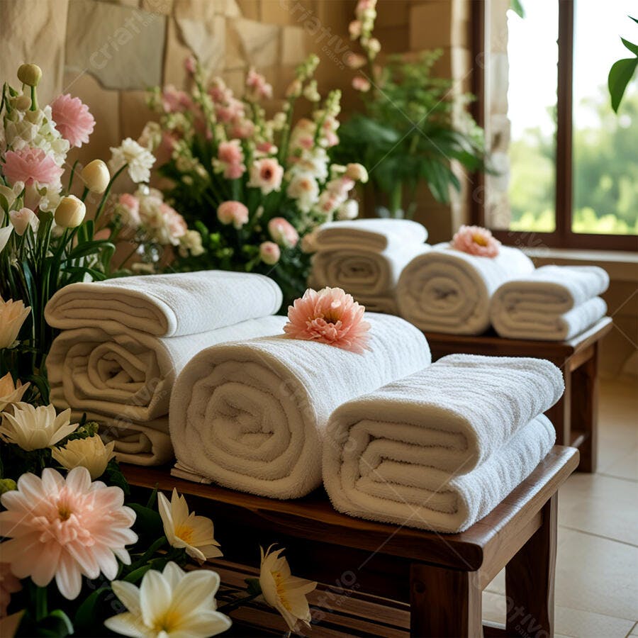 Toalhas brancas macias com flores cor de rosa em spa luxuoso e ambiente tranquilo
