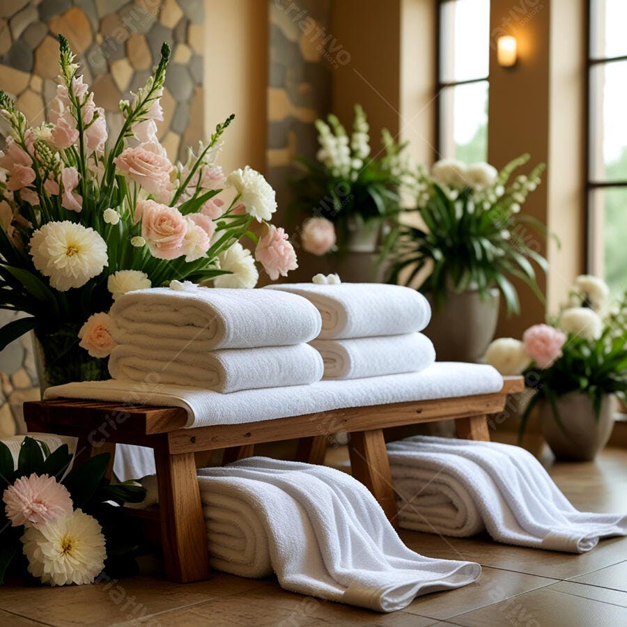 Toalhas brancas e flores rosa em ambiente de spa com bancada de madeira