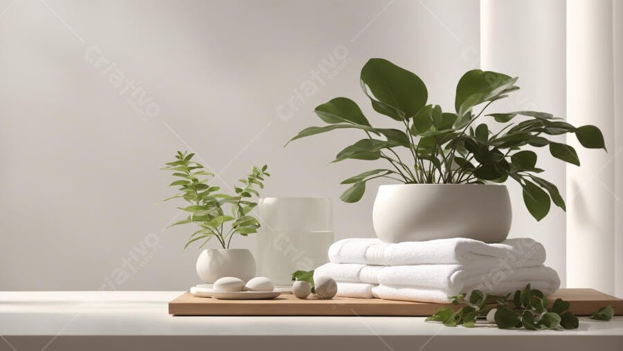 Plantas verdes toalhas brancas em cenário de spa minimalista e calmo