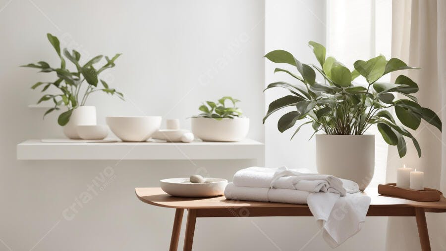 Cena de spa minimalista com plantas verdes toalhas brancas e velas acesas