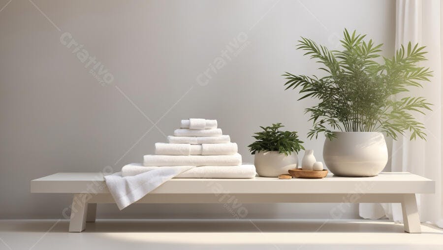 Toalhas brancas empilhadas em bancada com plantas para spa