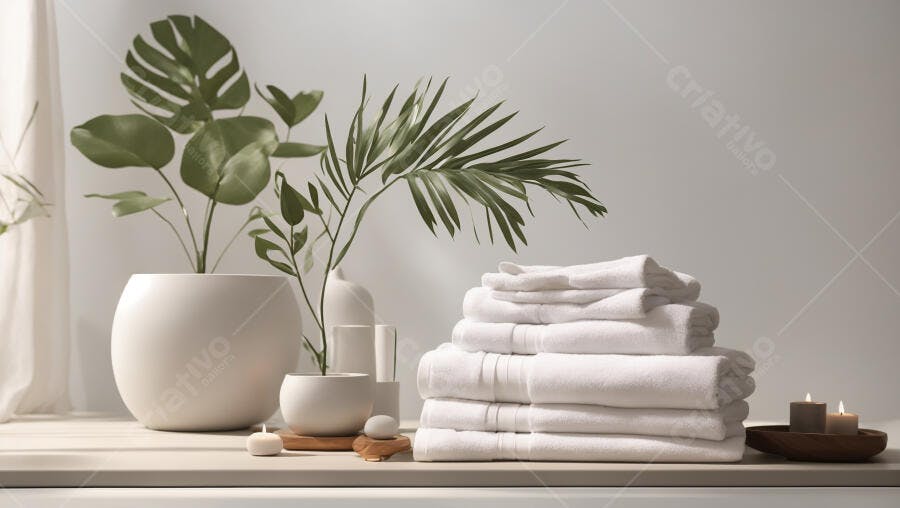 Toalhas brancas macias e plantas verdes em ambiente de spa minimalista
