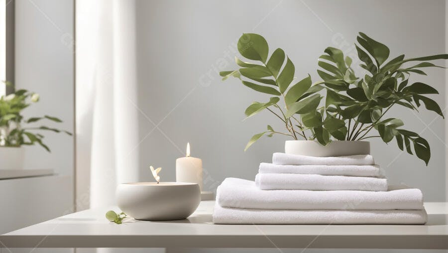 Decoração de banheiro spa com toalhas brancas planta verde e velas acesas