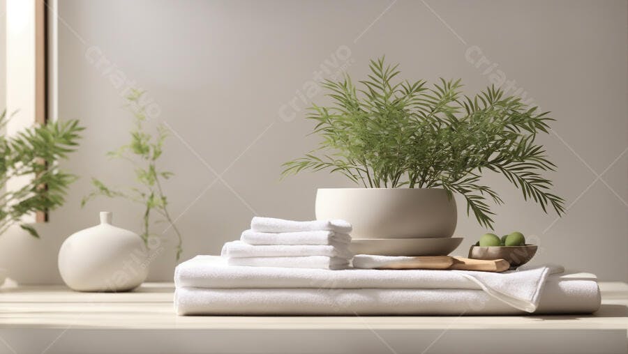 Decoração minimalista de banheiro com plantas verdes e toalhas brancas