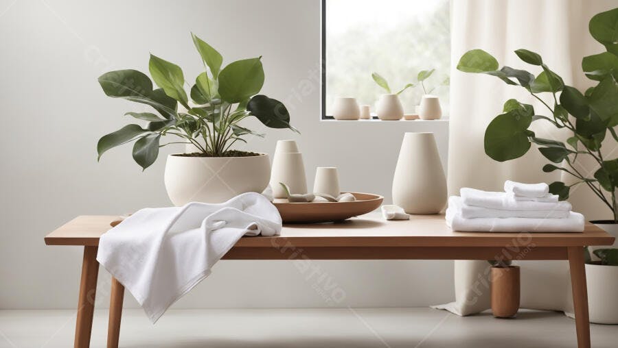 Plantas verdes toalhas brancas sobre mesa de madeira decoração minimalista