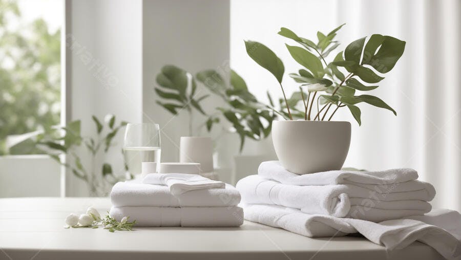 Toalhas brancas macias e planta verde em ambiente de spa