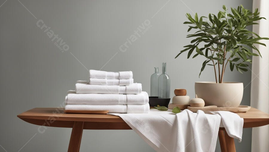 Toalhas brancas empilhadas em mesa de madeira com planta e decoração minimalista