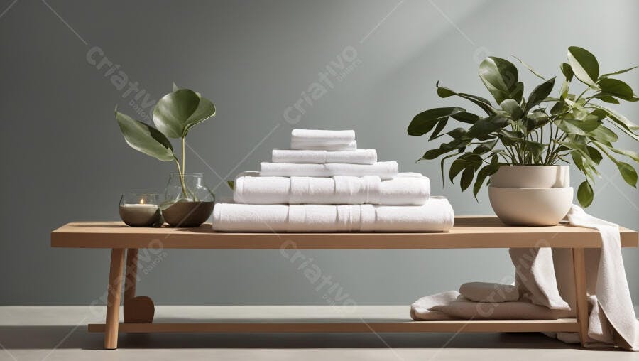 Toalhas brancas limpas empilhadas em banco de madeira com plantas ambiente spa