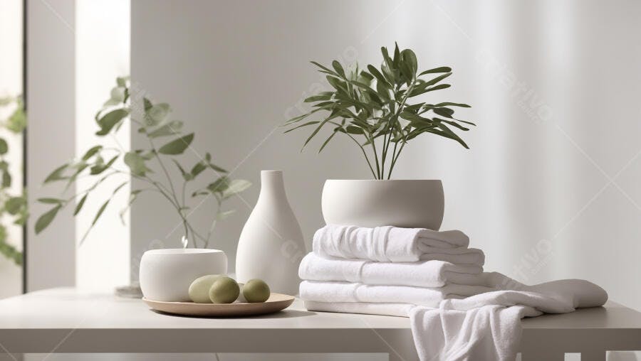 Decoração de spa minimalista com toalhas brancas e plantas verdes