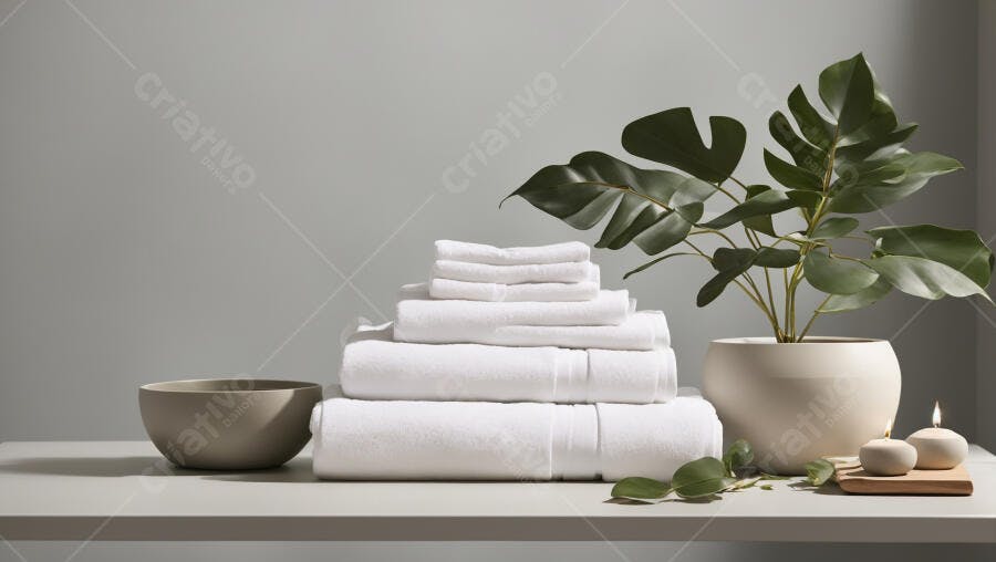 Toalhas brancas macias empilhadas com planta monstera e velas acesas