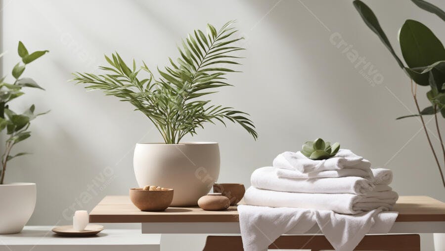 Plantas e toalhas brancas em ambiente relaxante de spa