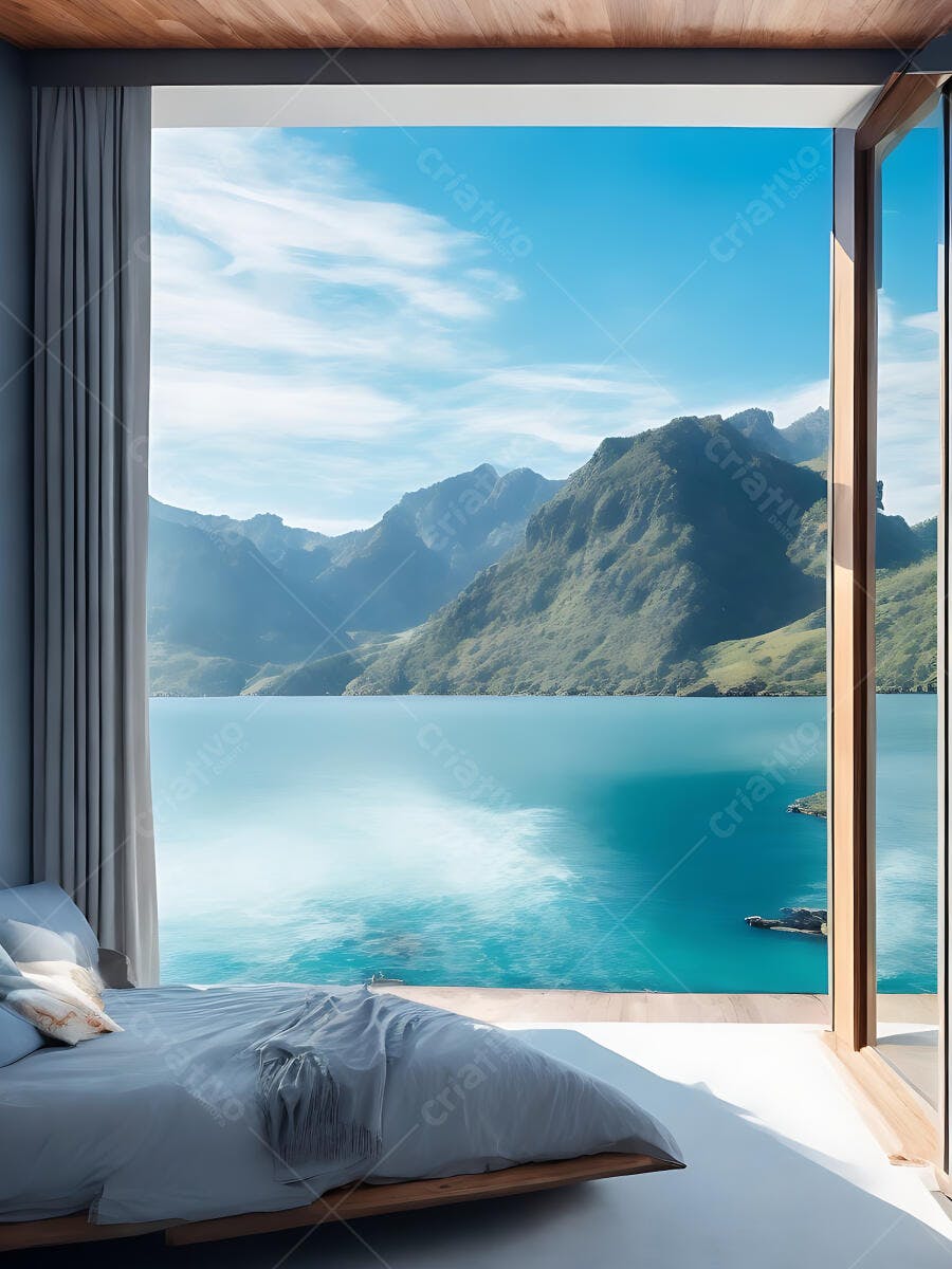 Quarto moderno com vista panorâmica para lago e montanhas azul-esverdeadas