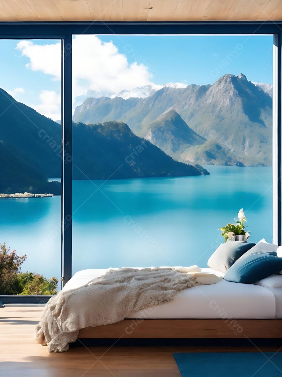 Quarto moderno com vista panorâmica para lago azul e montanhas nevadas