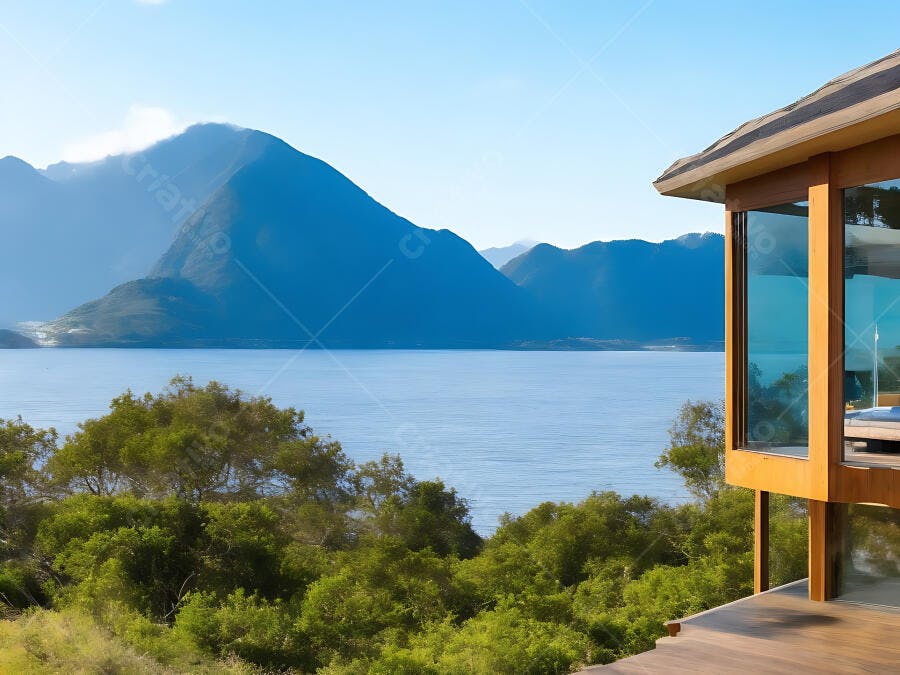Casa moderna com vista para lago montanhas e floresta exuberante